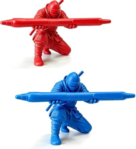 3D Printed Ninja Pen Holder, 2 Pcs Black Ninja Warrior Samurai Desk Organizer with Sword, Creative Sculpture Pencil Holder, Unique Gift for Office Home Classroom (2pcs-red and blue)