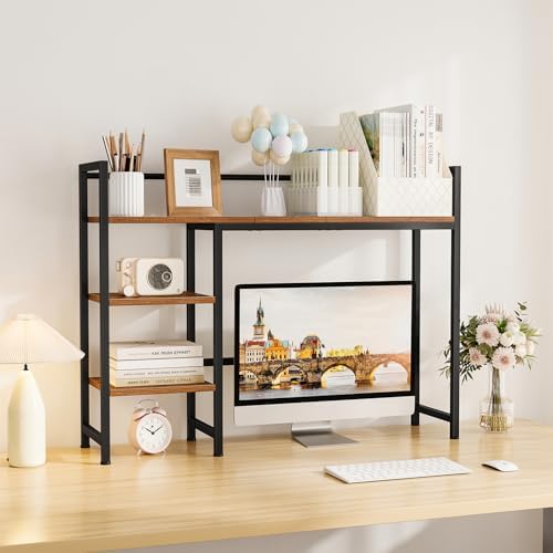 Snughome Desk Shelf, 38.6" Desktop Organizer Shelf, Desk Hutch for Computer Monitor, 4 Tier Desk Display Rack, Wood Desktop Bookshelf Storage Rack for Home Office Dorm, Rustic Brown
