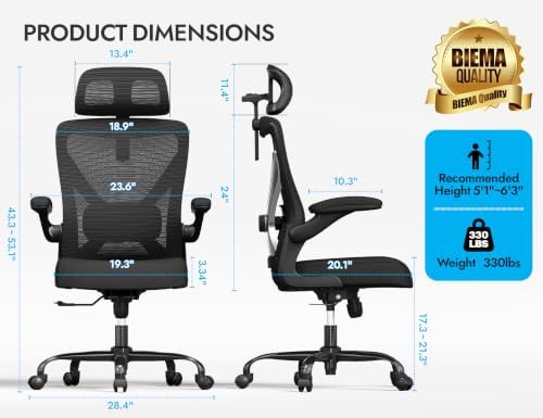 Black Ergonomic Office Chair: Mesh Desk Chair Comfy with Headrest& Lumbar
