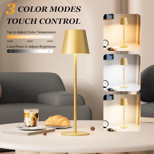 Kakanuo Cordless Table Lamp Rechargeable Gold - 4 Pack Battery Operated Lamp for Dining Table, 3 Color Stepless Dimming Wireless Lamp for Counter, Outdoor Patio, Touch Control