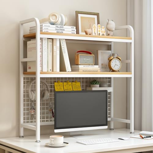 IOTXY 2-Tier Desktop Hutch Bookshelf, Metal Desk Shelf, White, 37.4" W