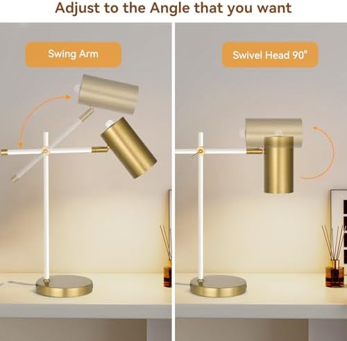 Modern White and Gold Desk Lamp with Type C Charging Port, Minimalist Industrial Table Lamp with Swing Arm, for Study Room Home Office Bedroom Bedside Nightstand