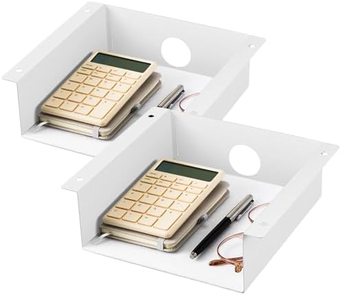 Yaocom 2 Pack Under Desk Hanging Shelf, Carbon Steel Storage Tray with Mute Felt Sheets, Mount Shelves Organizer for Office Home Workstation Gaming Desk Stand up(7.5x8x2.8 in/Storage Shelf,White)