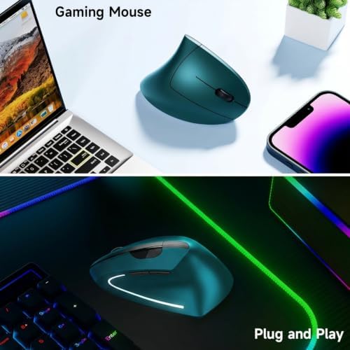 Ergonomic Vertical Wireless Mouse Stylish Rechargeable 2.4G Optical Mice Cordless Mouse with USB Receiver, 800/1200 /1600 DPI, 5 Buttons for Laptop,PC,Mac,Computer (Dark Green)
