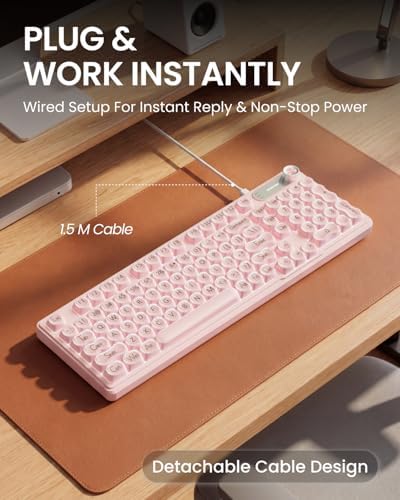 Wired Creamy Keyboard with Number Pad, 98-Key, Media Knob, RGB Backlit-Pink