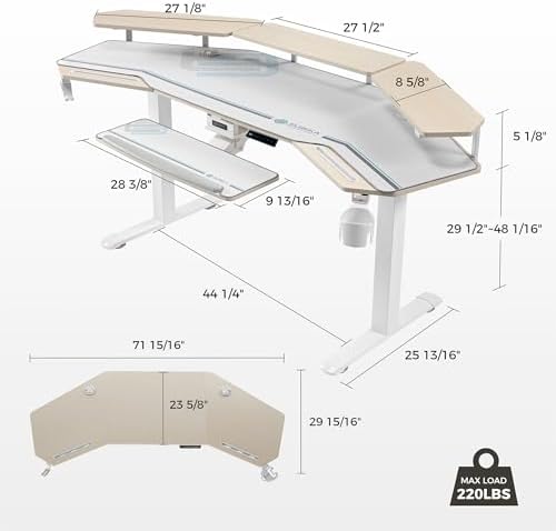 EUREKA ERGONOMIC Standing Desk with Keyboard Tray, Large Music Studio Gaming Desk, Wing Shaped Sit Stand Table 72'', LED Convertible Shelves, Dual Motor&Slot, Maple