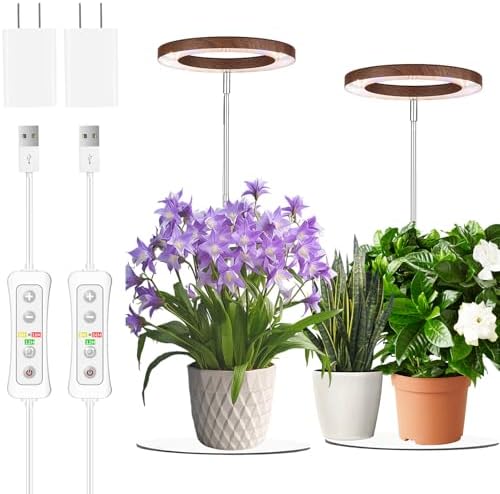 Yadoker 144 LEDs Plant Grow Light for Indoor Plant,Walnut Wood Grain Aluminum LED Grow Light with White Base, Height Adjustable,6.3" Aluminum Housing,Automatic Timer with 8/12/16 Hours,2 Pack