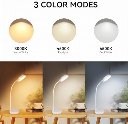 White Small Battery Powered Desk Lamp,Battery operated lamp,5W Rechargeable desk light,3 Colors,Adjustable brightness,360°Gooseneck Hose,Cordless lamps for small spaces,Eye-friendly and Energy Saving