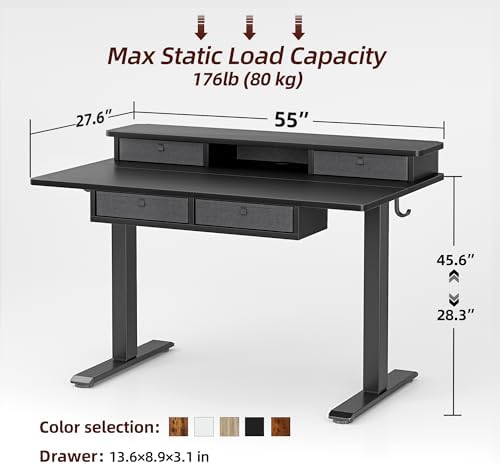 TIQLAB 55 * 28 Inch Standing Desk with Four Drawers, Electric Sit Stand Table, Stand Up Desk Adjustable Height with Storage Shelf, Splice Board, Black