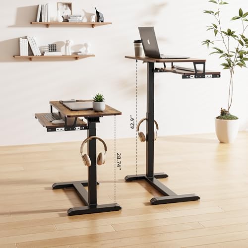 Fydeamer Height Adjustable Mobile Overbed Table with Keyboard Tray, Walnut