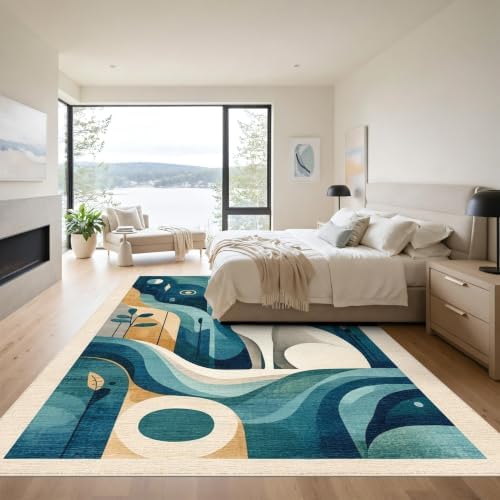 9'x12' Teal Blue Cat Boho Abstract Design Washable Area Rug
