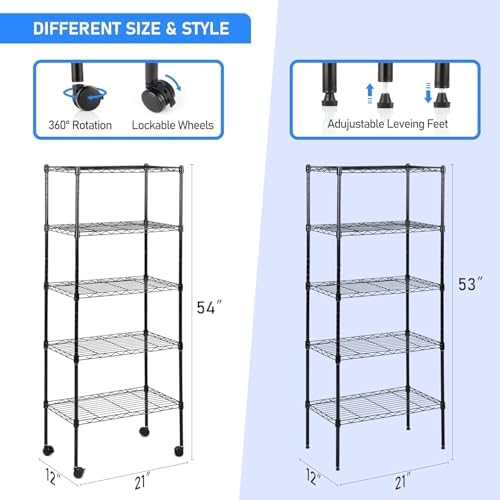 Simple Deluxe 5-Tier Storage Shelves, 21" W x 12" D x 54" H Adjustable Heavy Duty Wire Metal Shelving Unit, Black