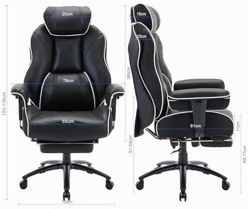 DJWang Big and Tall Office Chair with Foot Rest, High Back Executive Office Chair, PU Leather Ergonomic Chair with Lumbar Support, 135 Reclining Chair with Thickened Spring Cushion, Black