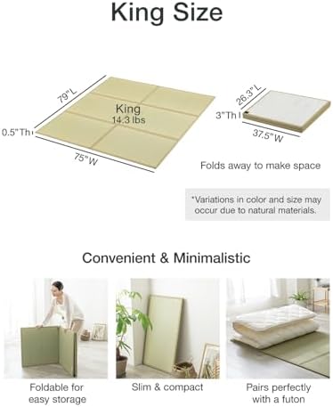 FULI Japanese Tatami Mattress, Foldable Igusa Rush Grass, Natural, King