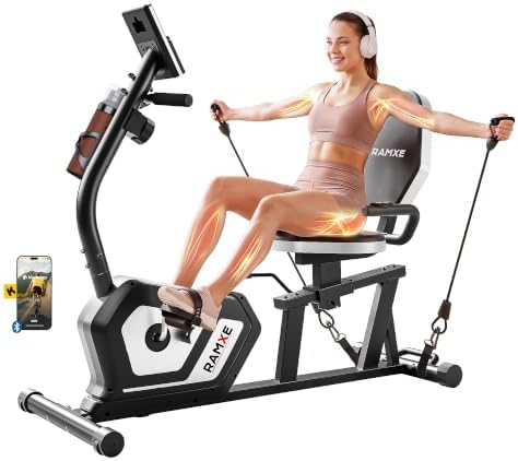 RAMXE Exercise Bikes for Home，Quiet Recumbent Stationary Bikes for Adults & Seniors, 16-Level Resistance Silent,Supports 400LB,Equipped With a Heart Rate Sensor, an LCD Display, and a Bluetooth App