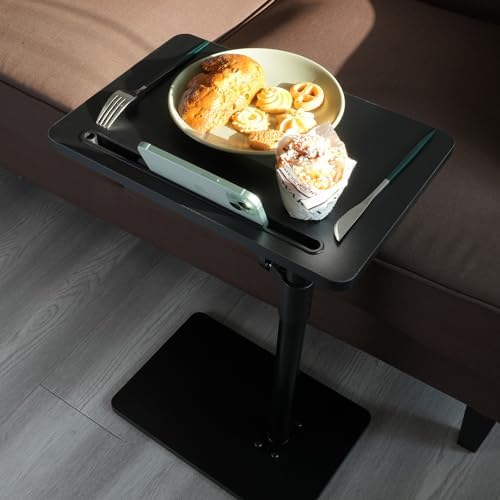 YUHFERA Sofa Armrest Tray Table for Couch - 360° Swivel Height Adjustable End for Small Spaces, Snack Side Table for Bed or Chair with Phone & Tablet Slot (Black,Standard)