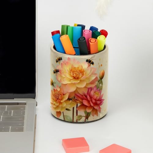 Leather Pen Holder for Desk, Watercolor Floral Pencil Cup Pen Organizer Makeup Brush Holder for Office Home Kids Countertop Desk Accessory Storage