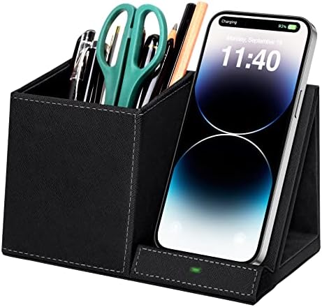 Pen Holder with Wireless Charger, Compatible with iPhone 17/16/15/14/13/12/11/8 Series, Pencil Holder Phone Stand for Desk Home Office, Men Gift Husband Wife Anniversary Dad Birthday Idea Gadget