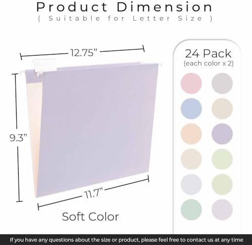 Y YOMA 24 Pack Colored Hanging File Folders Letter Size Decorative Hanging Folder Cute Pretty File Folder for Filing Cabinet Drawer Office Home with 1/5-Cut Adjustable Tabs, Soft Color