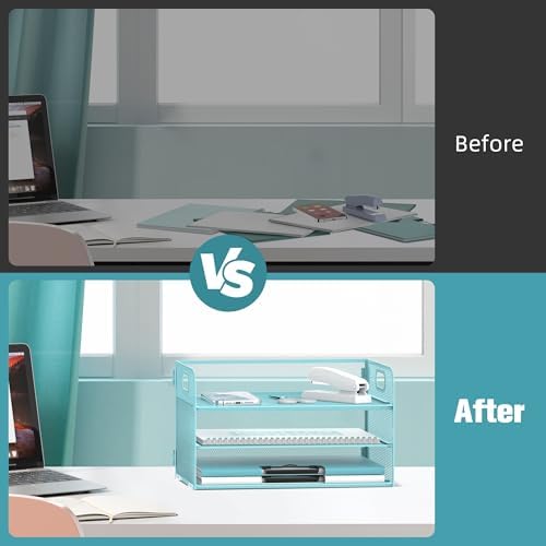 DALTACK 3 Tier Paper Organizer for Desk, Sliding Paper Trays, Blue