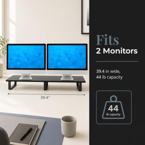 Mount-It! 39" Extra Long Dual Monitor Stand Riser – Ergonomic Desk Organizer for 2 Monitors, Laptop, TV, or Printer – Heavy-Duty Steel & Wood Desktop Shelf with Storage – Supports 44 Lbs – Black