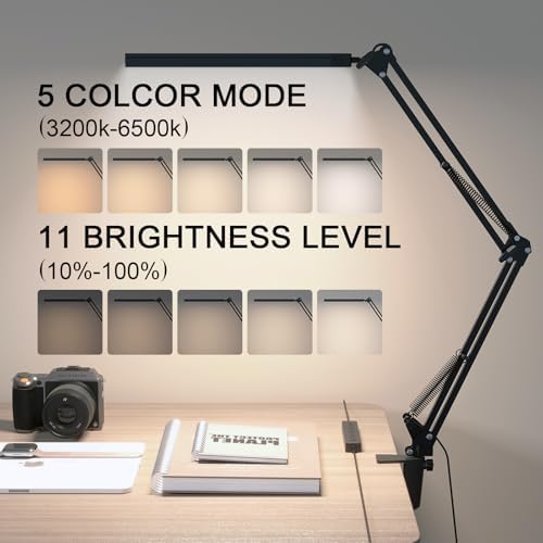 TROPICALTREE LED Desk Lamp for Home Office and Round Base, Clamp-On with 5 Light Modes & Auto Shut Off | 14W Adjustable Brightness 5000K Eye-Caring Lighting for Study/Bedroom/Computer Desk