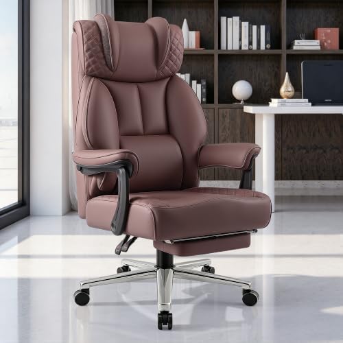 BestGlory Office Desk Chair, Big and Tall Leather Gaming Chair with Footrest, Ergonomic Comfy Executive High-Back Reclining Computer Chairs, Wide Swivel Rolling Wheels and Padded Lumbar Support,Coffee
