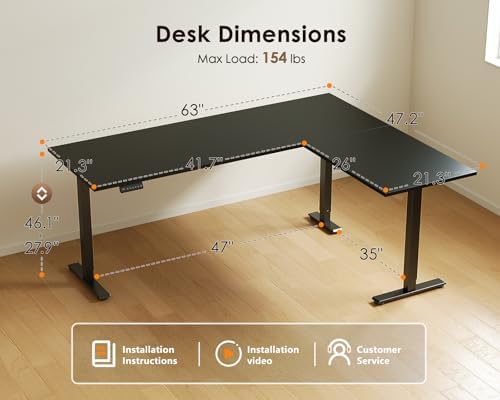 OffiGo 63 Inch Reversible L Shaped Electric Standing Desk, Black