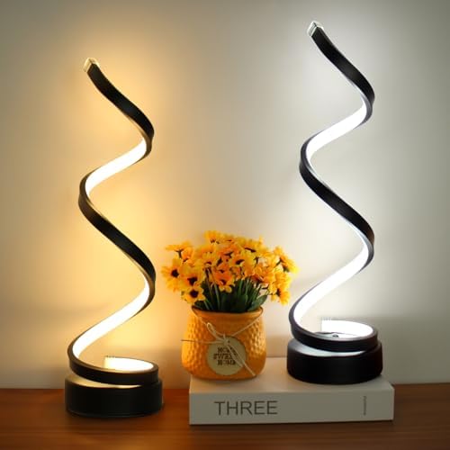 Modern Table Lamp Set of 2, Dimmable Spiral Desk Lamps for Bedside, 12W LED with 3 Color & 10 Brightness Levels, Perfect for Bedroom & Living Room (Black)