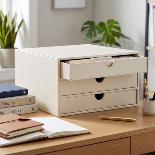 UnionBasic Document Organizer, 3-Drawer File Cabinet Document Storage Box, Office Desktop Filing Organizer, Creamy White