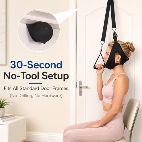 Over Door Cervical Decompression Strap, Adjustable Neck Hammock Traction Gear with Safety Lock & Comfort Grip, Home Neck Sling for Stiffness Pinched Nerve Relief, Fits Standard Door Panels