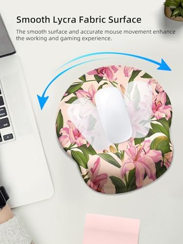 Lily Floral Mouse Pad Wrist Support Wrist Rest, Flower Ergonomic Mouse Pad with Non-Slip Base for Office Gaming Working Computers,Desk Accessories Pain Relief Mouse Mat, Green