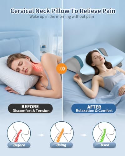 Pain Relief Cervical Neck Pillow, Ergonomic Contour | Q-Max Cooling | Non-Temperature Memory Foam | Side/Back/Stomach Sleeper Support for Sleeping, Reading, Scrolling (GreyishBlue)