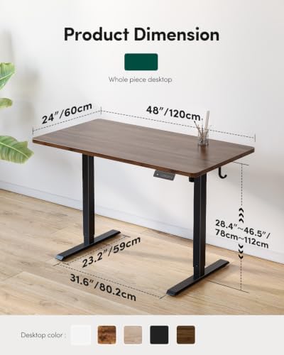 CubiCubi 48 x 24 One-Piece Electric Adjustable Standing Desk, Black Walnut