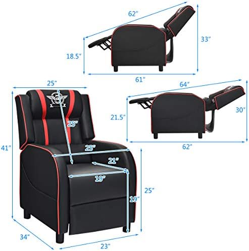Giantex Gaming Recliner Chair, Adjustable Massage Gaming Chairs for Adults, Ergonomic Comfortable Lounge Leather Sofa w/Footrest, Remote Control & Side Pocket, Racing Style Single Sofa Recliners, Red