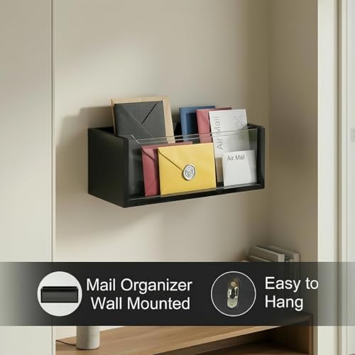 Black Mail Organizer for Desk,Acrylic Letter Holder with Adjustable Divider