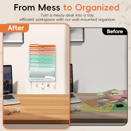 Wall File Holder Hanging Wall File Organizer, Wall Mount Mail Holder and Paper Organizer with Bottom Shelf & 5 Hooks for Office Home School (8-Tier White)