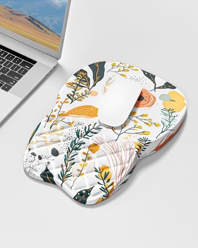Auhoahsil Ergonomic Mouse Pad with Wrist Rest, Slope Computer Mouse Mat with Wrist Support, Memory Foam Filling, Non-Slip Silicone Base, Pain Relief, for Gaming & Work, 8 x 12 in, White Flowers