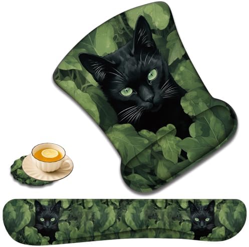 Keyboard Wrist Rest and Mouse Pad Wrist Support with Lace-Shaped Coaster Set, Ergonomic Gel Memory Foam and Anti-Slip Base, Easy Typing and Pain Relief - Black Cat