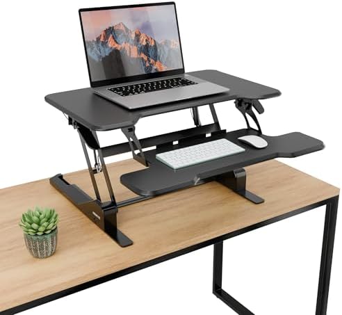 Mount-It! Height Adjustable Standing Desk Converter, Compact 30” Wide Tabletop Standing Desk Riser with Gas Spring, Desktop Stand Up Workstation with Keyboard Tray Fits Monitor or Laptop, Black