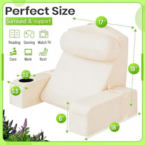 19 INCH Reading Pillow for Adults, Back Pillow for Bed Sitting Up, Backrest Pillow for Sitting in Bed, Detachable Arms with Built-in Cup & Phone Caddy (Beige, 19 INCH)