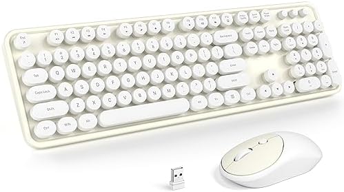 MOFII Wireless Keyboard and Mouse Combo, Computer Full Size 2.4G Plug and Play Wireless Typewriter Retro Round Keyboard and Mouse Set for Windows, Computer, Desktop, PC, Notebook - (Off White)