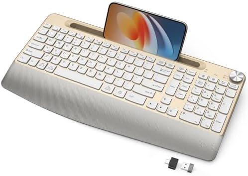 GAMCATZ Ergonomic Wireless Keyboard with Wrist Rest-Low-Profile,Phone/Tablet Holder,Quiet Design，Windows & Mac OS,Cordless USB Computer Keyboard for Desktop,Laptop, PC, Mac, Windows-Gold White