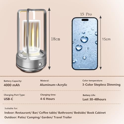 Cordless Table Lamp, 4000mAh Rechargeable Battery-Operated (Silver)