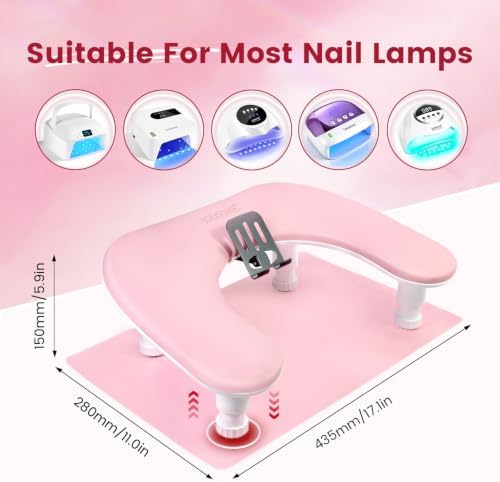 JODSONE U-Shaped Pink Manicure Arm Rest for Nails Tech with Rotating 360°Built-In Phone Holder and Adjustable Nail Arm Rest Detachable Manicure Hand Rest for Salon Design (Includes Pink Nail Mat)