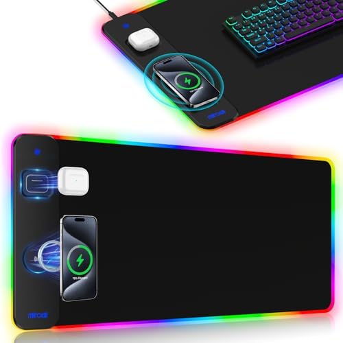 Magnetic Charging Mouse Pad 31.5x15.75, 15W Fast Wireless Charging Desk Mat, XXL Desk Pad RGB Gaming Mousepad, Home Office Large Keyboard Pad with Ultra-Smooth Surface, Non-Slip Base