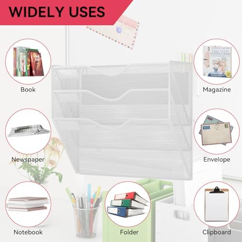 3-Tier Magnetic File Holder, No Drilling Wall File Organizer, File Folder Bins, Mail & Magazine Rack, Magnetic Paper Document Holder for Refrigerator File Cabinets Whiteboard, White