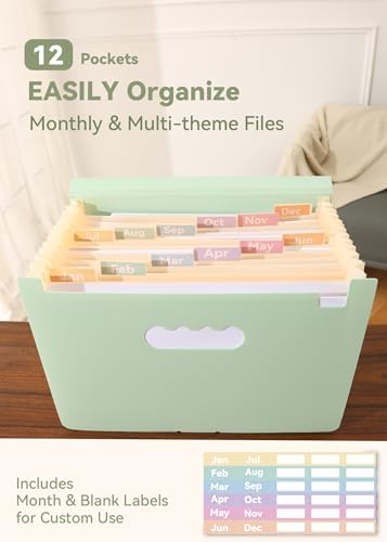 SortRax Monthly 12-Pocket Accordion File Organizer, Letter/A4 Size, Green