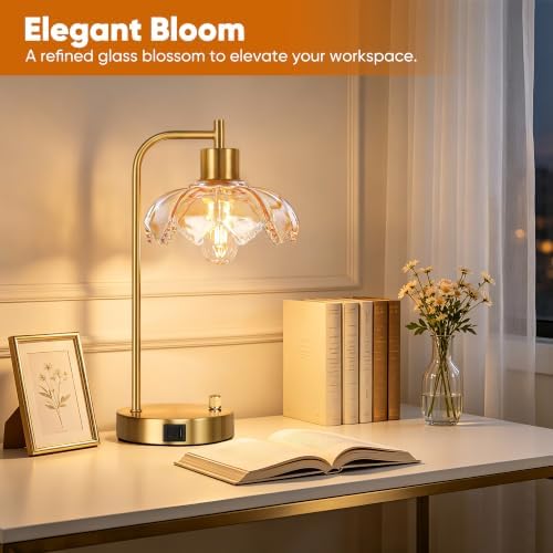 Glass Table Lamps Set of 2, Champagne Dimmable Bedside Lamps for Bedroom