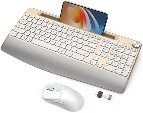 GAMCATZ Ergonomic Wireless Keyboard and Mouse with Wrist Rest，Phone Holder - 2.4GHz Full-Sized Low-Profile Quiet Gold Wireless Mouse and Keyboard Combo for Computer, Laptop, PC, Mac-Gold